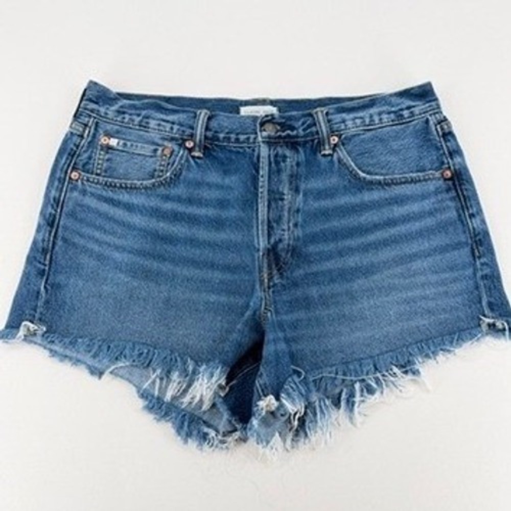 AE77 High Rise Frayed Hem Denim Shorts Organic Cotton Size 14